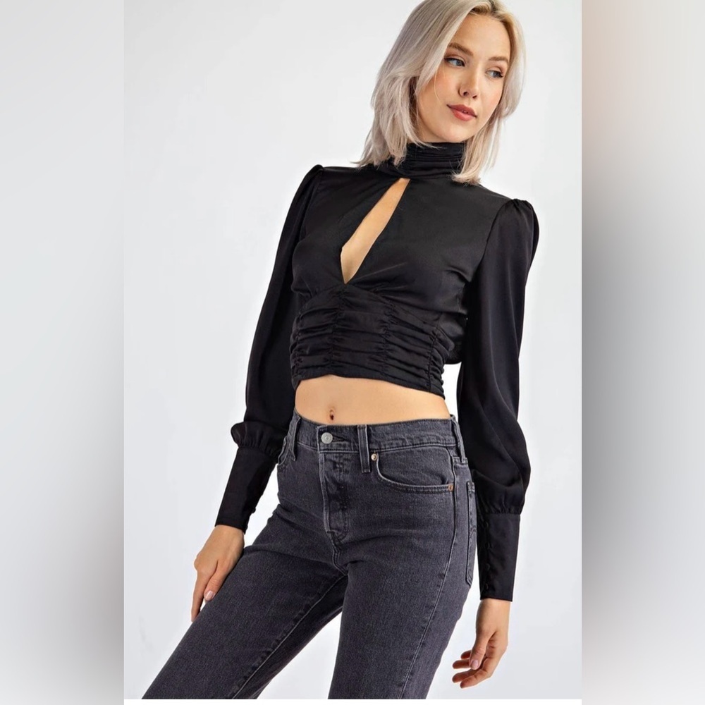 Edit by Nine🖤 High Neck Satin Long Sleeve Top With Open Bust & Tie Back🖤SZ S NWT